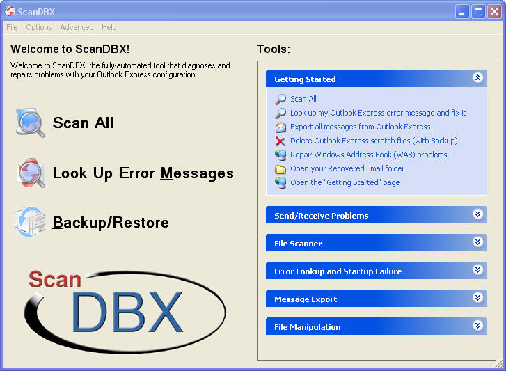 ScanDBX for Outlook Express 2.20.061221 software screenshot