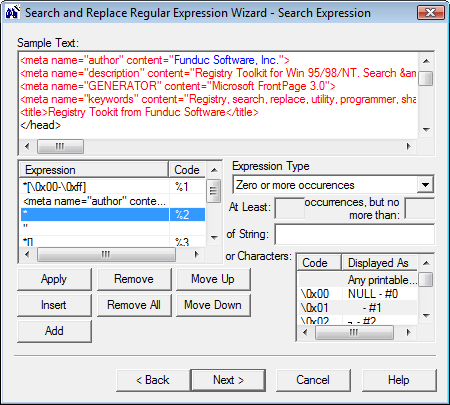 Search and Replace Regular Expression Wizard 2.0 software screenshot