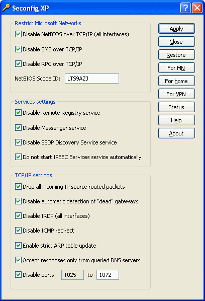 Seconfig XP 1.1 software screenshot