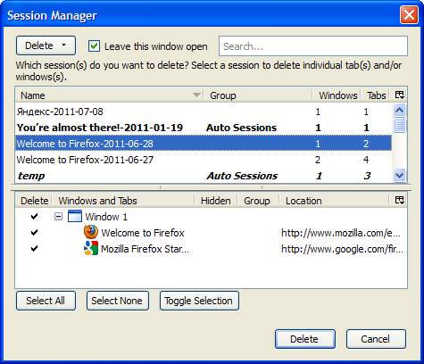 Session Manager 0.8.1.12 software screenshot