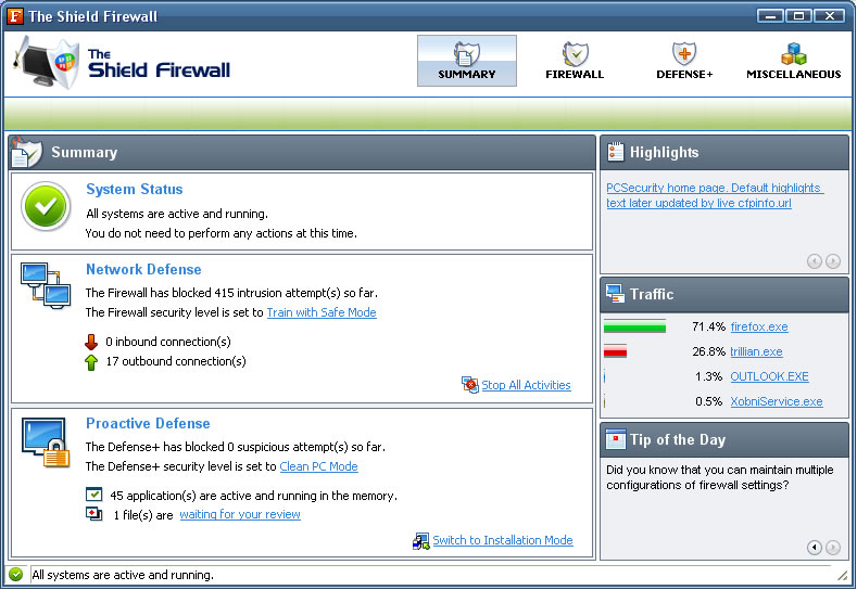 Shield Firewall 2011 software screenshot