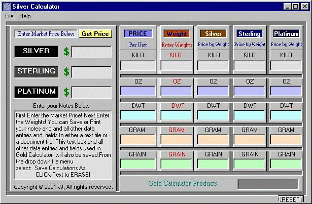 Silver Calculator 3.21 software screenshot
