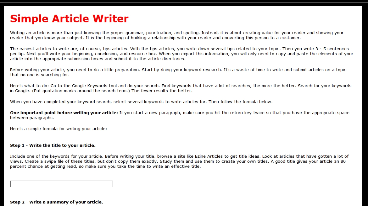 Simple Article Writer 1.0 software screenshot