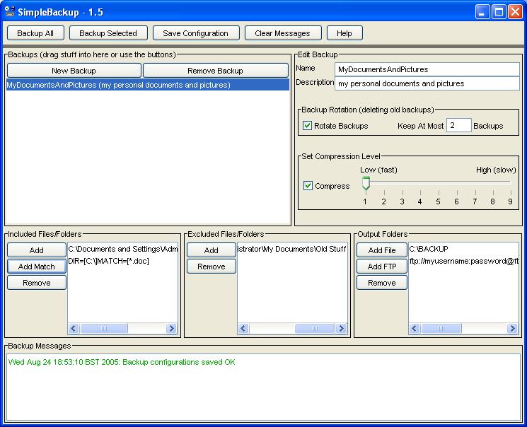 SimpleBackup 1.6 software screenshot