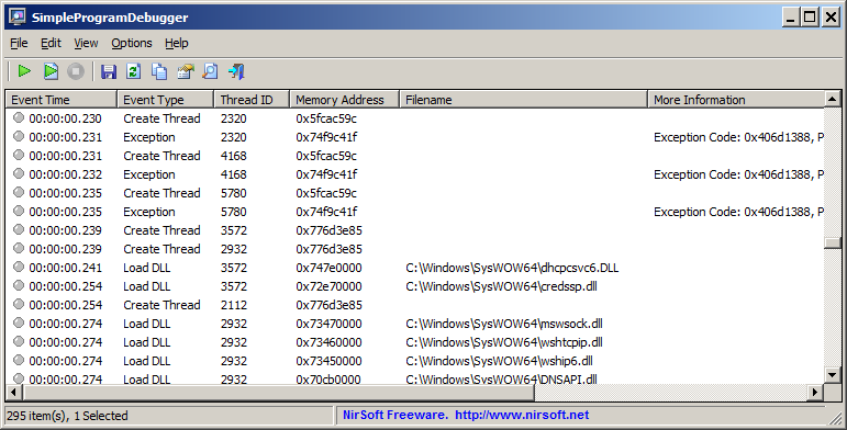 SimpleProgramDebugger 1.05 software screenshot
