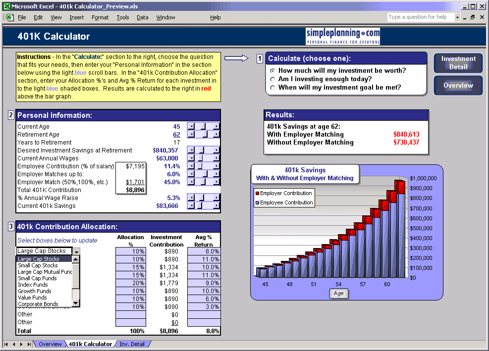 Simpleplanning 401k Calculator  software screenshot