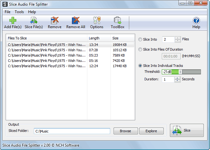 Slice Audio File Splitter 2.01 software screenshot