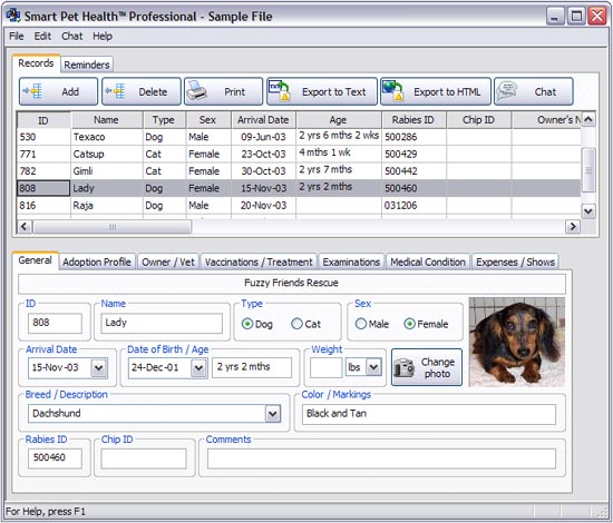 Smart Pet Health Professional 1.10 software screenshot
