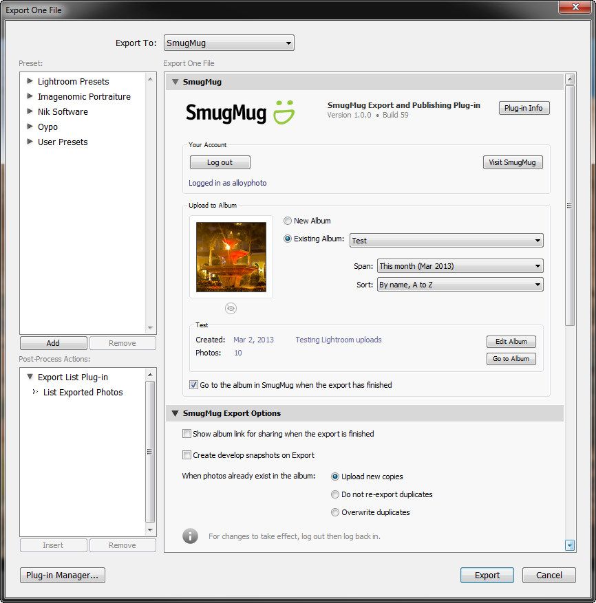 SmugMug Export Plugin 2.7.1 software screenshot