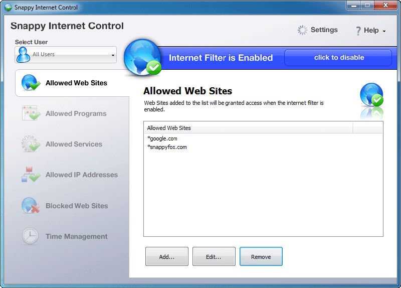 Snappy Internet Control 1.1.0.222 software screenshot