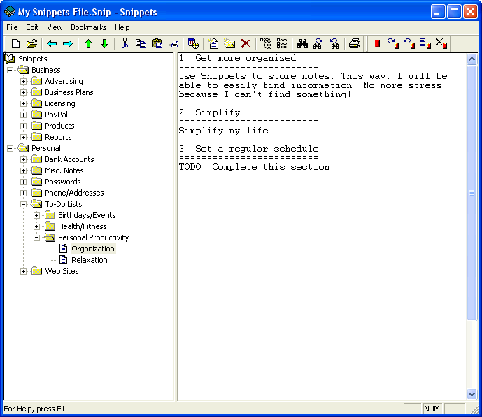 Snippets Text Database 1.61 software screenshot