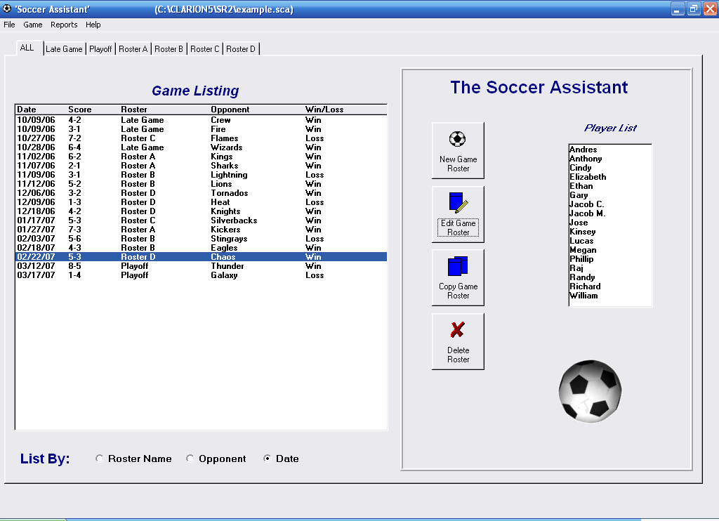 Soccer Roster Organizer 1.2 software screenshot
