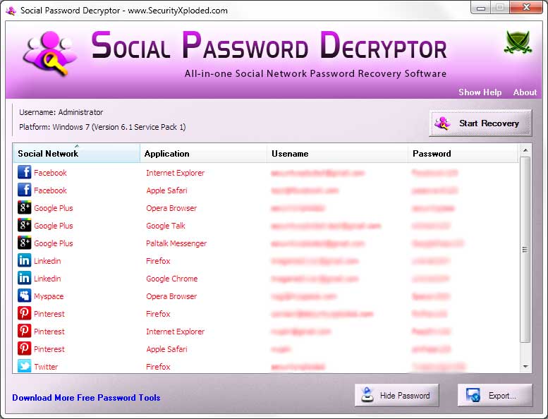 Social Password Decryptor 7.0 software screenshot