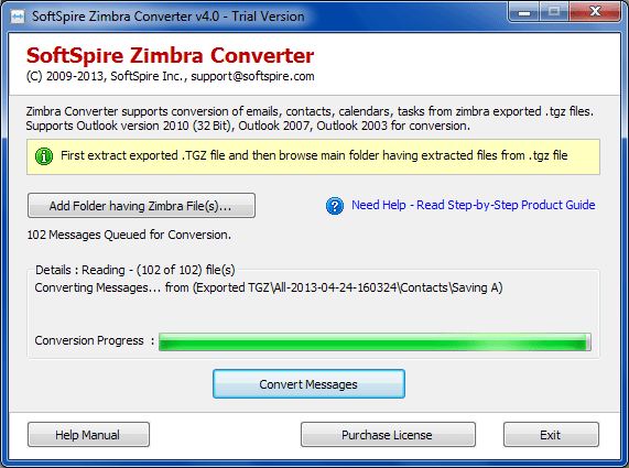 SoftSpire Zimbra Converter 7.5 software screenshot