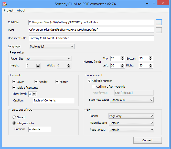 Softany CHM to PDF converter 3.07 software screenshot