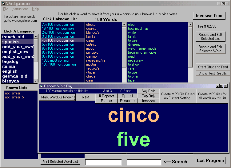 Spanish Wordsgalore 1.5 software screenshot