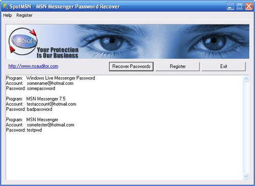 SpotMSN Password Recover 2.4.1 software screenshot