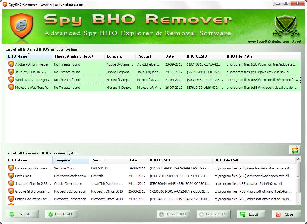 SpyBHORemover 4.5 software screenshot