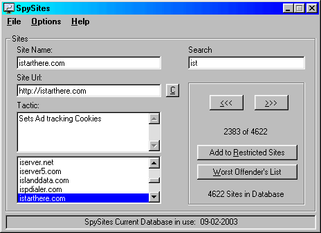 SpySites 1.0 software screenshot