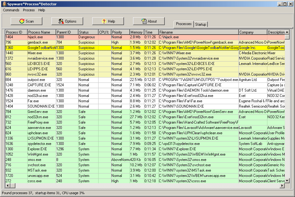 Spyware Process Detector 3.23.1 software screenshot