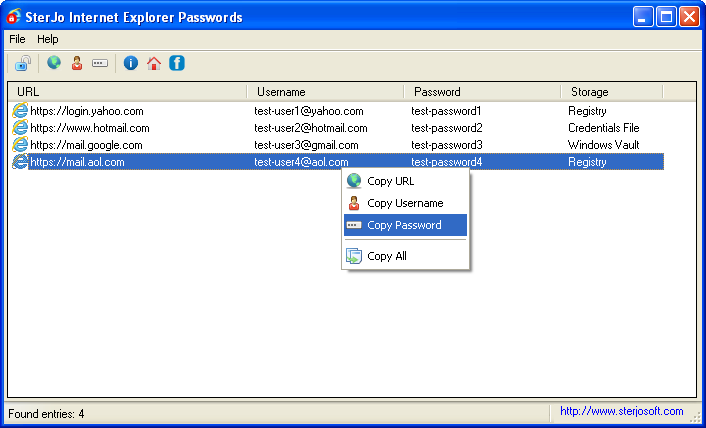SterJo Internet Explorer Passwords 1.3 software screenshot