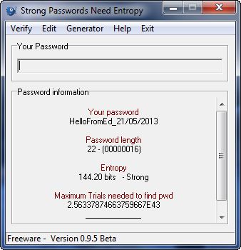 Strong Passwords Need Entropy (S.P.N.E.) 12.0 software screenshot