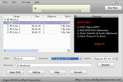 Super DVD to iPod Converter build 007 3.1 software screenshot