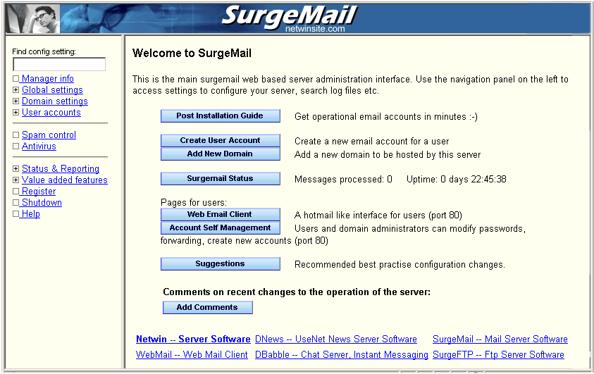 SurgeMail Mail Server 7.2i software screenshot