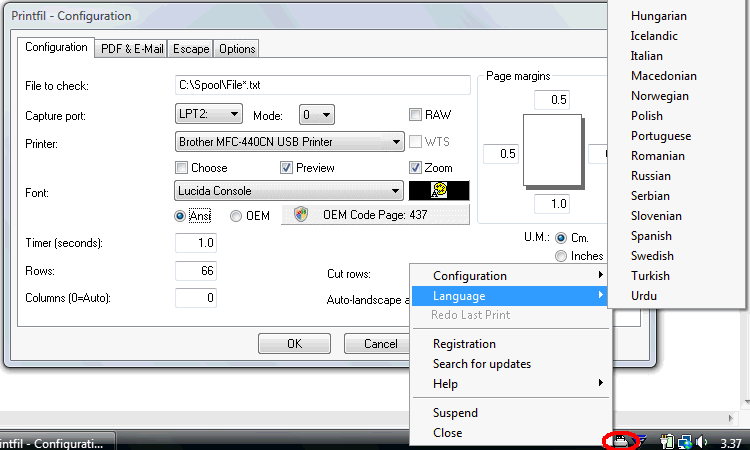 Printfil 5.20 software screenshot