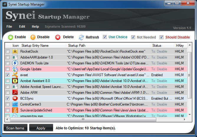 Synei Startup Manager 1.12 software screenshot