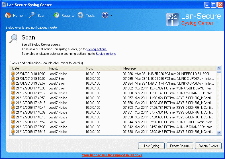 Syslog Center 3.5 software screenshot