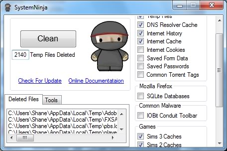 System Ninja 3.1.5 software screenshot
