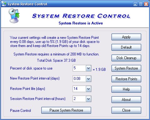 System Restore Control 2.0 software screenshot