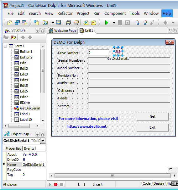 TGetDiskSerial Component 4.0.0 software screenshot