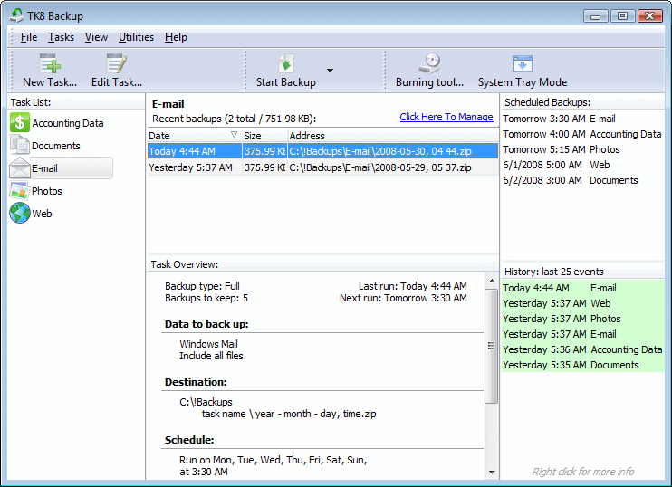 TK8 Backup 4.1 software screenshot