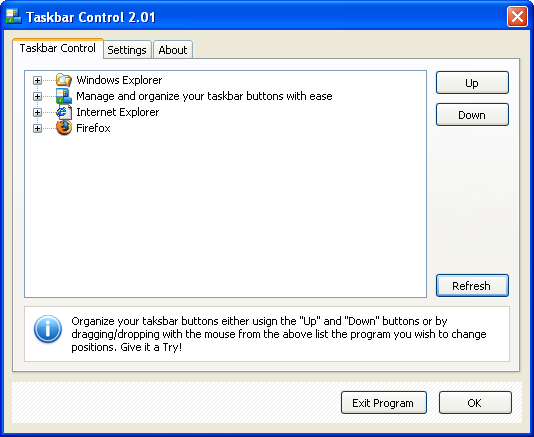 Taskbar Control 2.01c software screenshot
