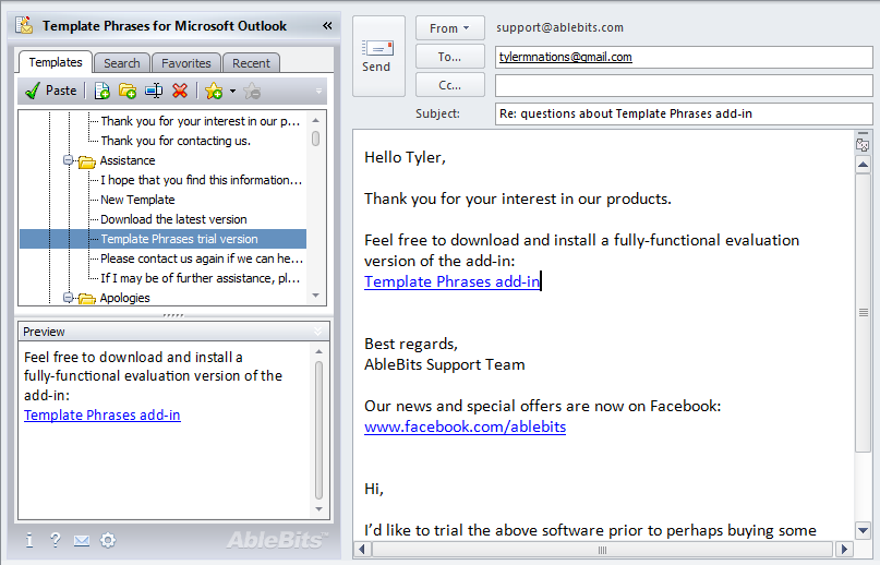 Template Phrases for Microsoft Outlook 5.0.36.521 software screenshot