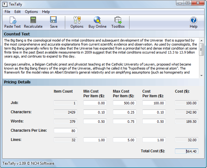TexTally Word Line and Character Counter 1.10 software screenshot