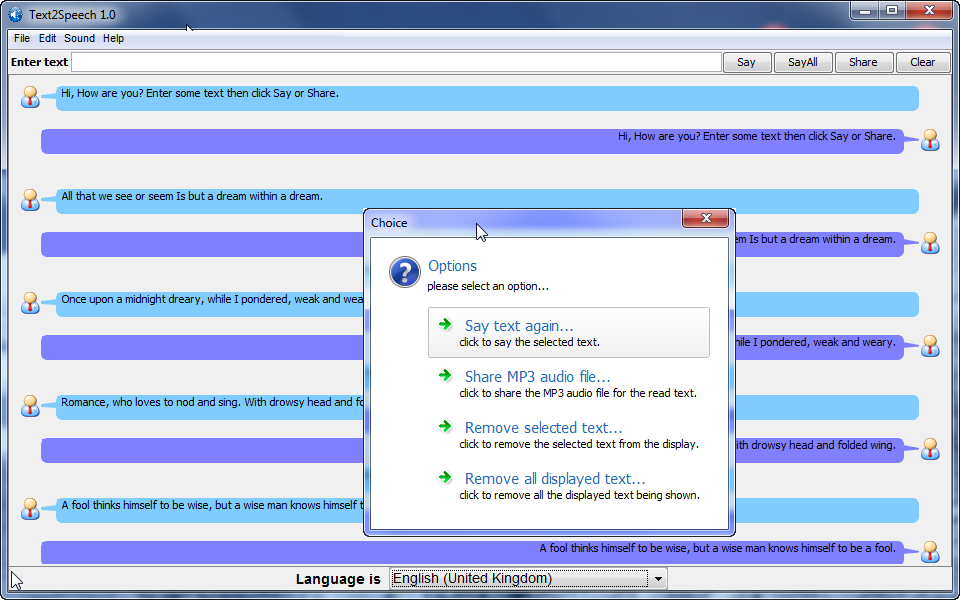 Text2Speech 1.0 software screenshot