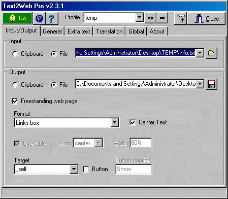 Text2Web Pro 2.3.1 software screenshot