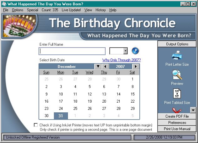 The Birthday Chronicle 9.3 software screenshot
