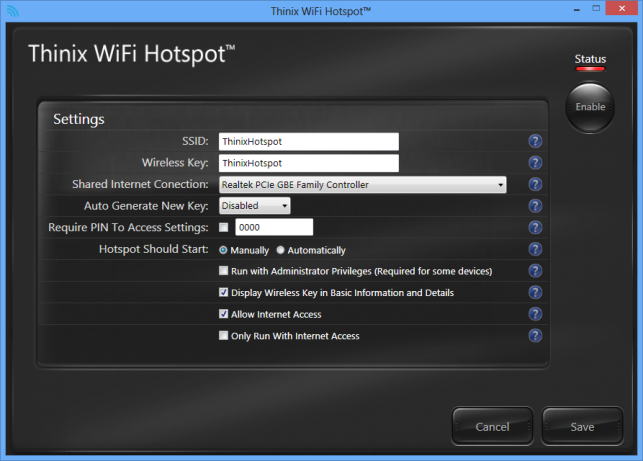 Thinix WiFi Hotspot 1.1.0.0 software screenshot