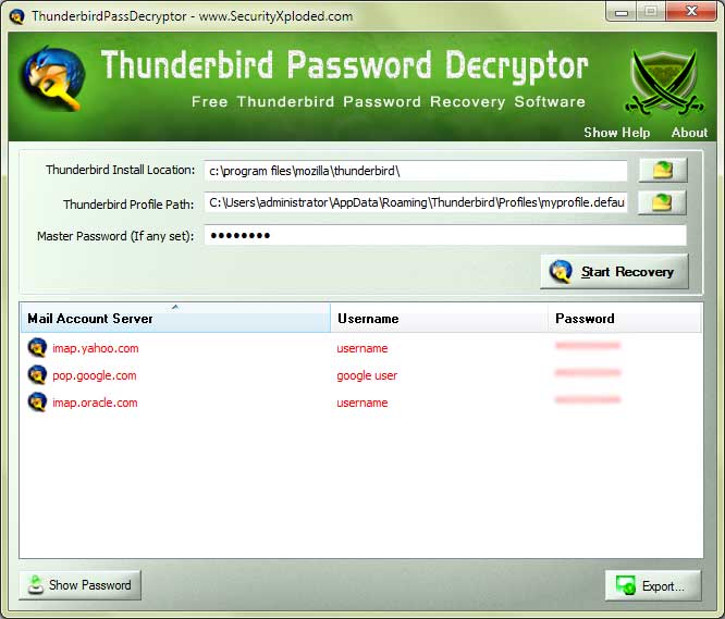ThunderbirdPassDecryptor Portable 3.0 software screenshot