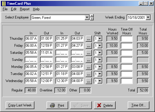 TimeCard Plus 3.7 software screenshot