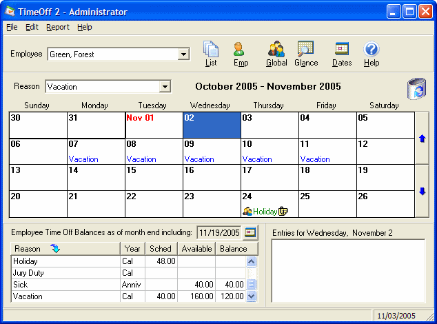 TimeOff 2.8.7 software screenshot