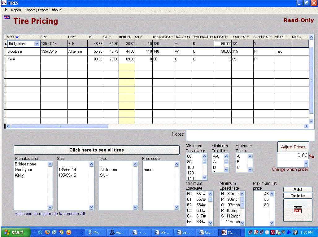 TirePrices 1.24 software screenshot