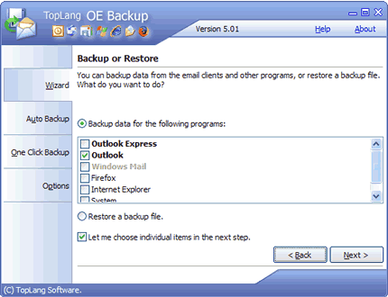 TopLang OE Backup 5.0 software screenshot