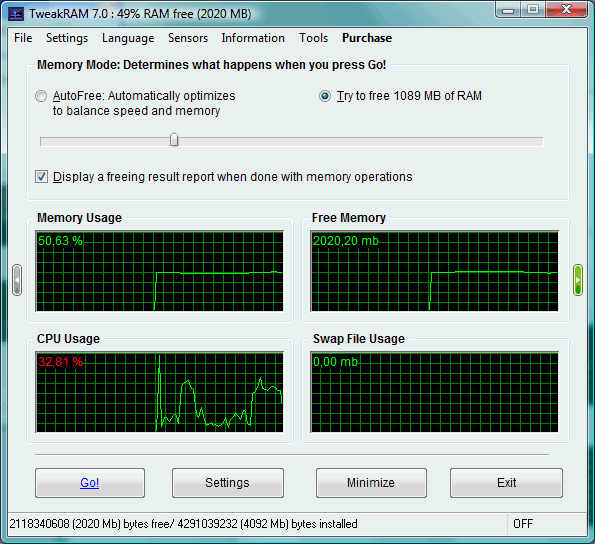 TweakRAM 7.1.5.35 software screenshot