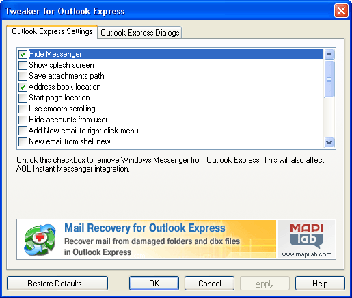 Tweaker for Outlook Express 1.0 software screenshot