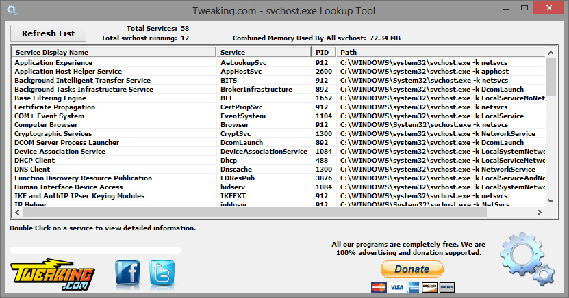 Tweaking.com - svchost.exe Lookup Tool 1.5.0 software screenshot